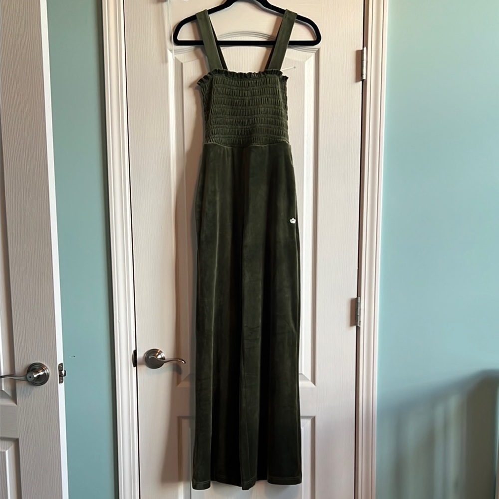 Juicy Couture Olive Velour Jumpsuit with Smocked Bodice